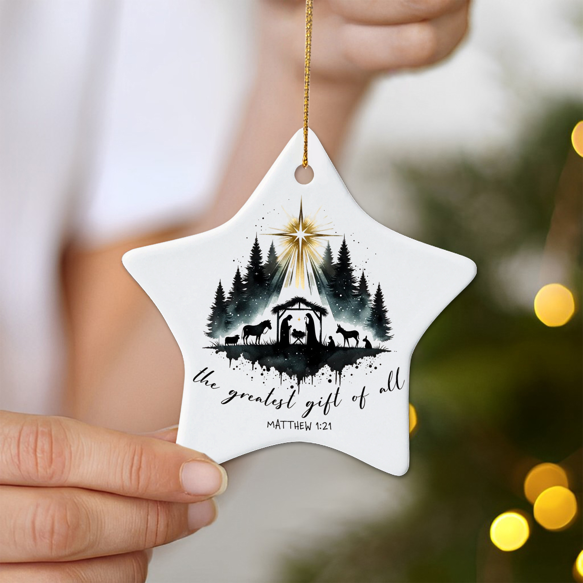 Nativity Scene Christmas Ornament, The Greatest Gift of All Matthew 1:21, Christian Holiday Decoration, Holy Family Religious Xmas Decor DCLAF47